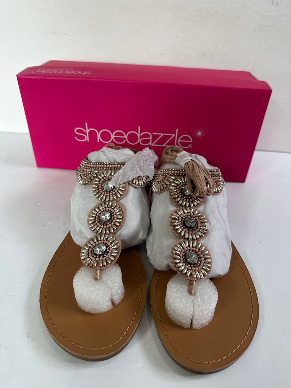NIB Shoe Dazzle Tan Sandals Milada Size 9 Blush Pink Silver Beaded T-Strap Tie C